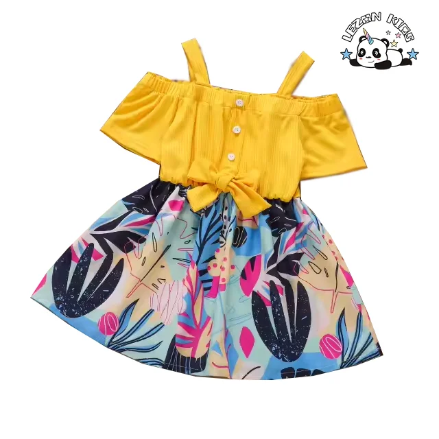 LEZONKIDS - Custom Summertime Installs New Fund Children's Outfit Melting Dew Shoulder Condole Belt Bowknot Girl's Dress
